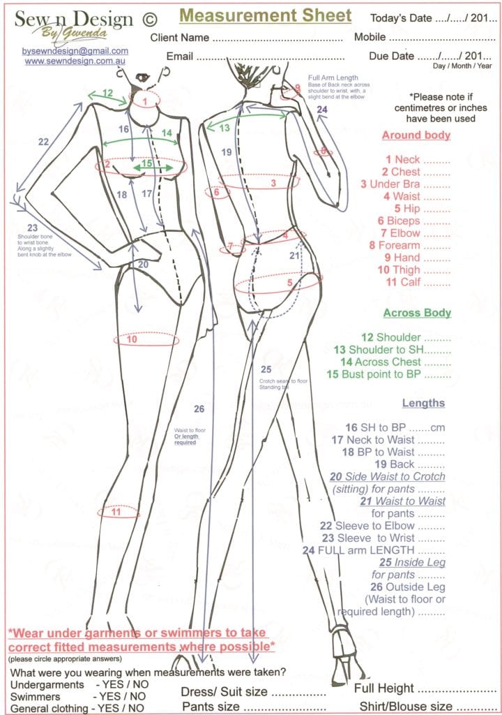Full body Measurement Chart